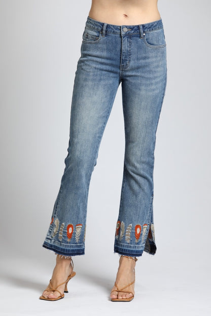 Feather Embroidered Flare Jean W/Side Slits