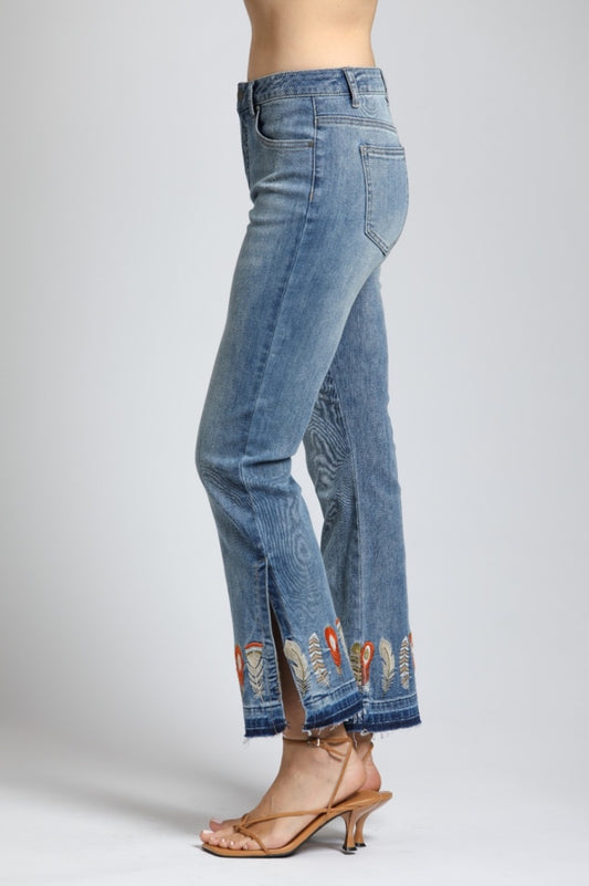 Feather Embroidered Flare Jean W/Side Slits