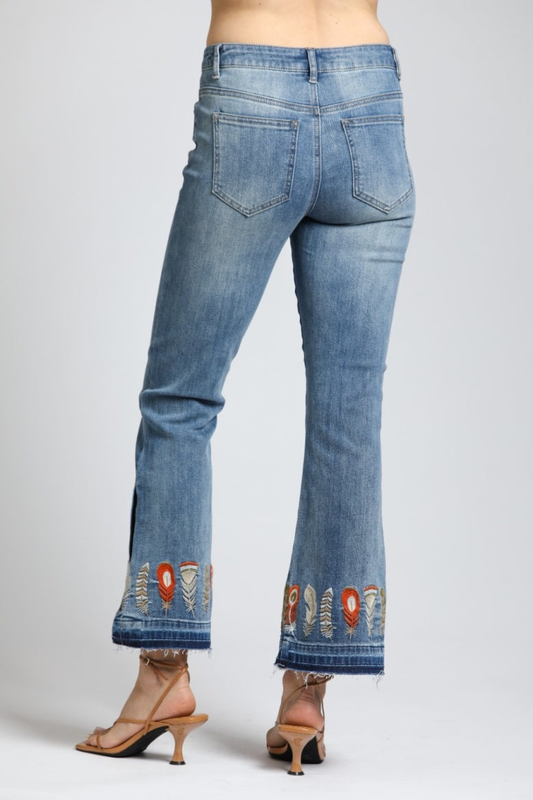 Feather Embroidered Flare Jean W/Side Slits