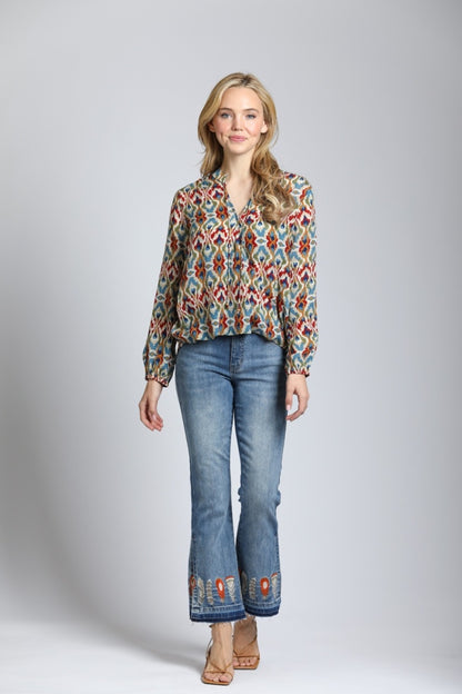 Feather Embroidered Flare Jean W/Side Slits