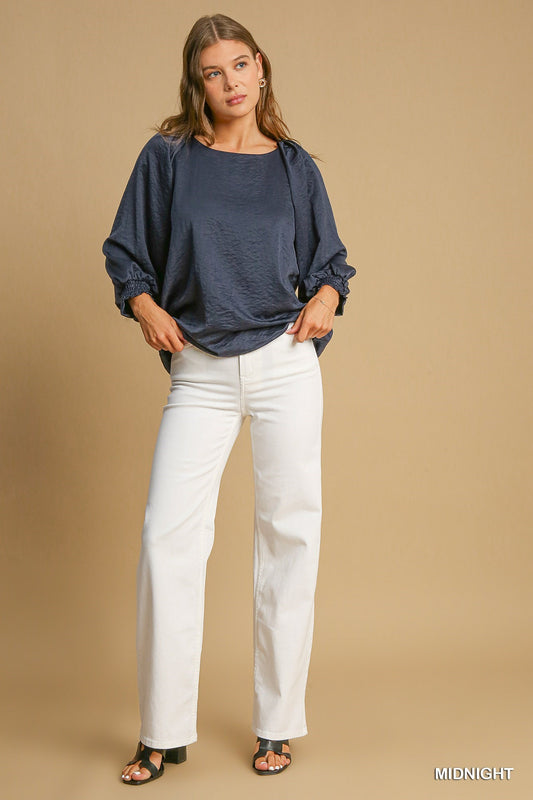 Scoop Neck High Low top w/ Pleated 3/4 Sleeve