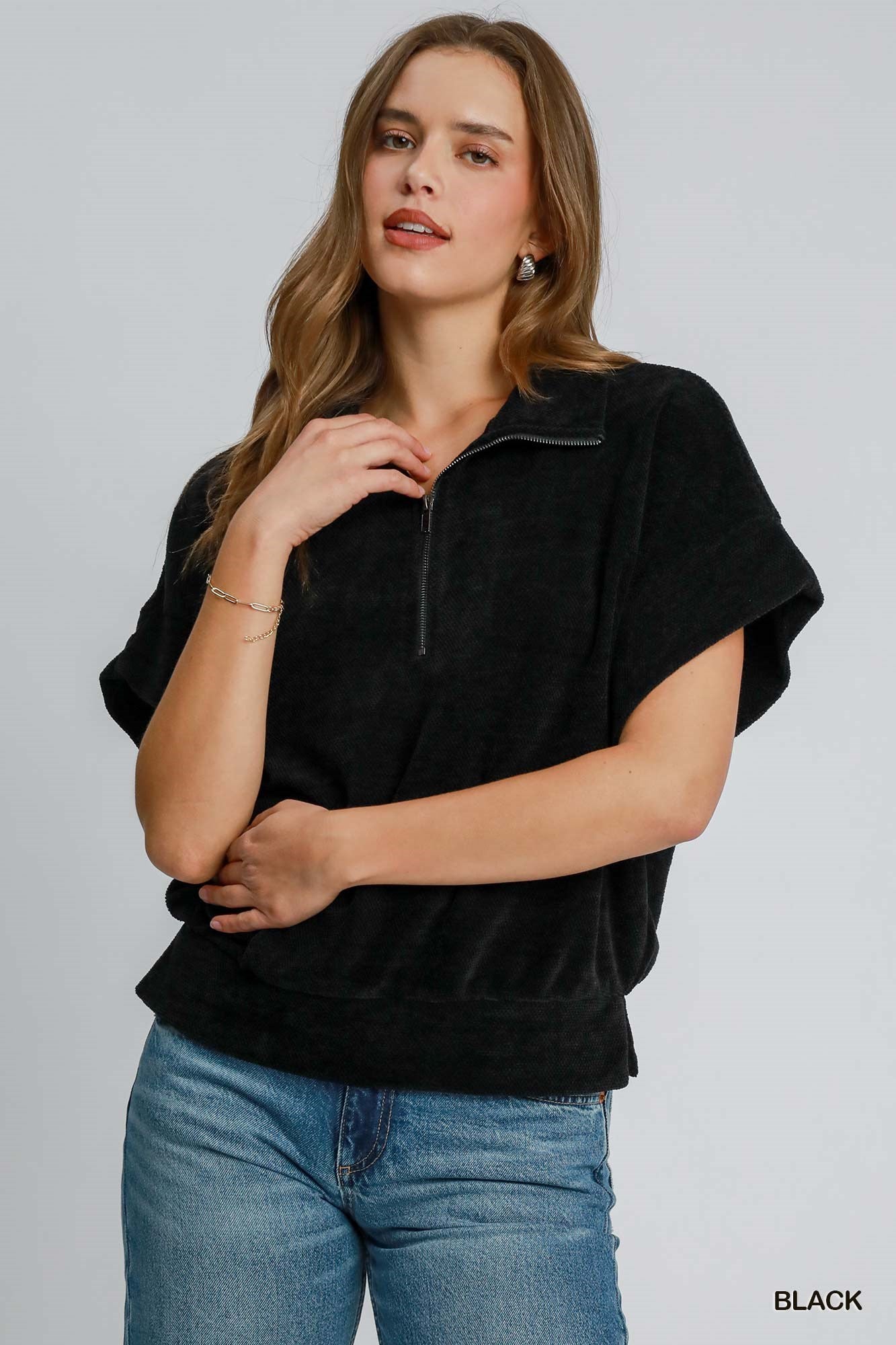 Chenille Half Zip Dolman Sleeve Sweatshirt