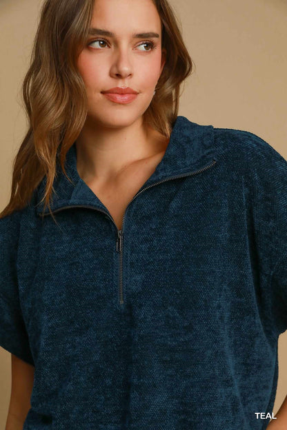 Chenille Half Zip Dolman Sleeve Sweatshirt