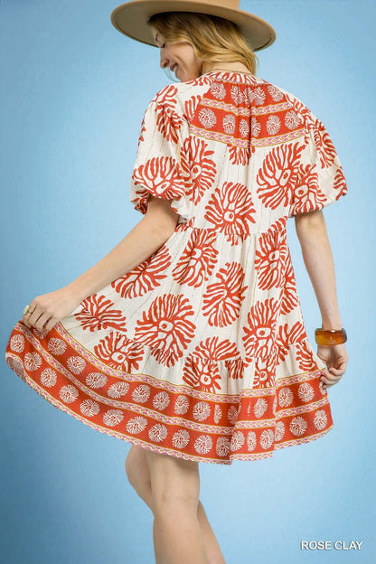 Women's Dress with Mandarin collar and bubble sleeve