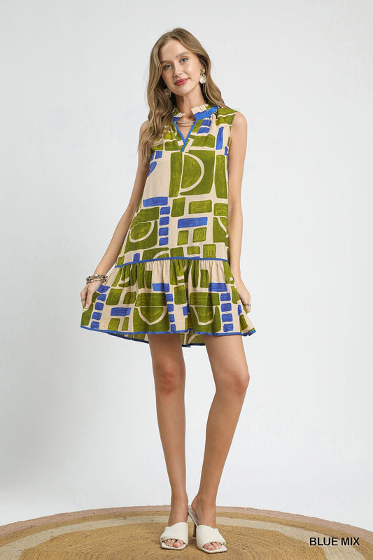 Women's Abstract Print Sleeveless Tiered Mini Dress