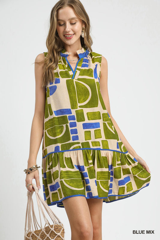 Women's Abstract Print Sleeveless Tiered Mini Dress