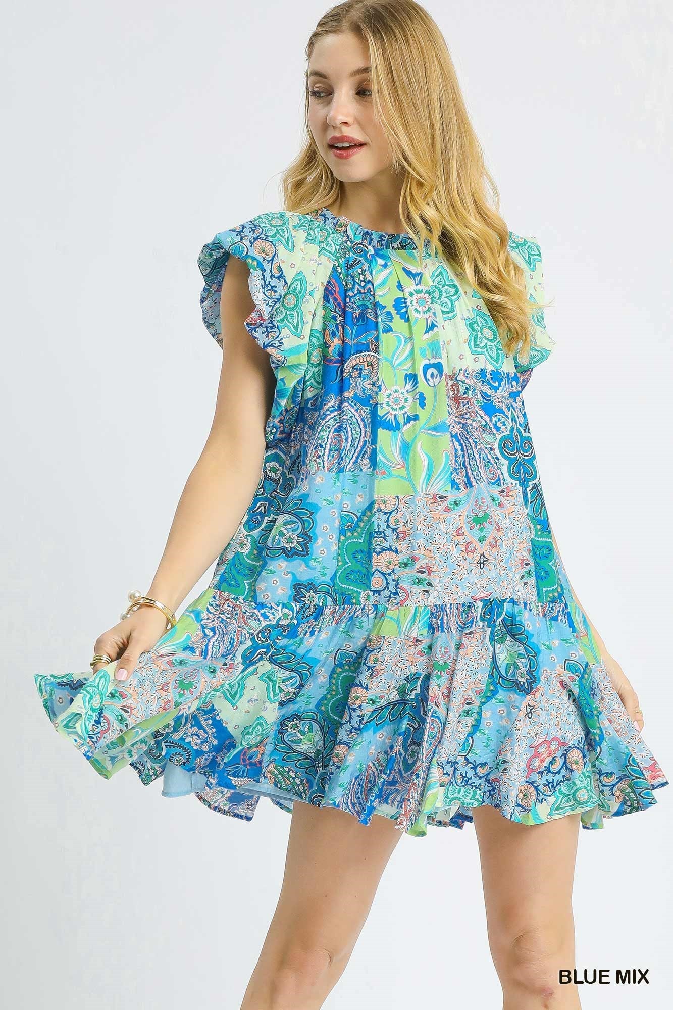 Women's Patchwork Paisley Ruffle Sleeve Mini Dress
