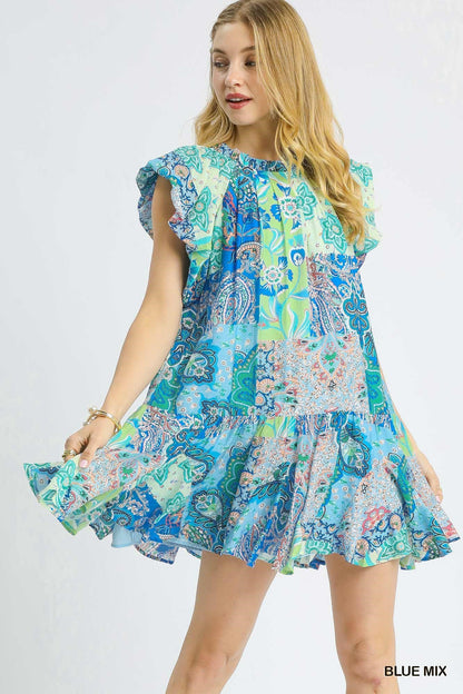 Women's Patchwork Paisley Ruffle Sleeve Mini Dress