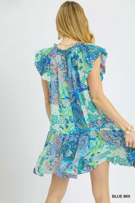 Women's Patchwork Paisley Ruffle Sleeve Mini Dress