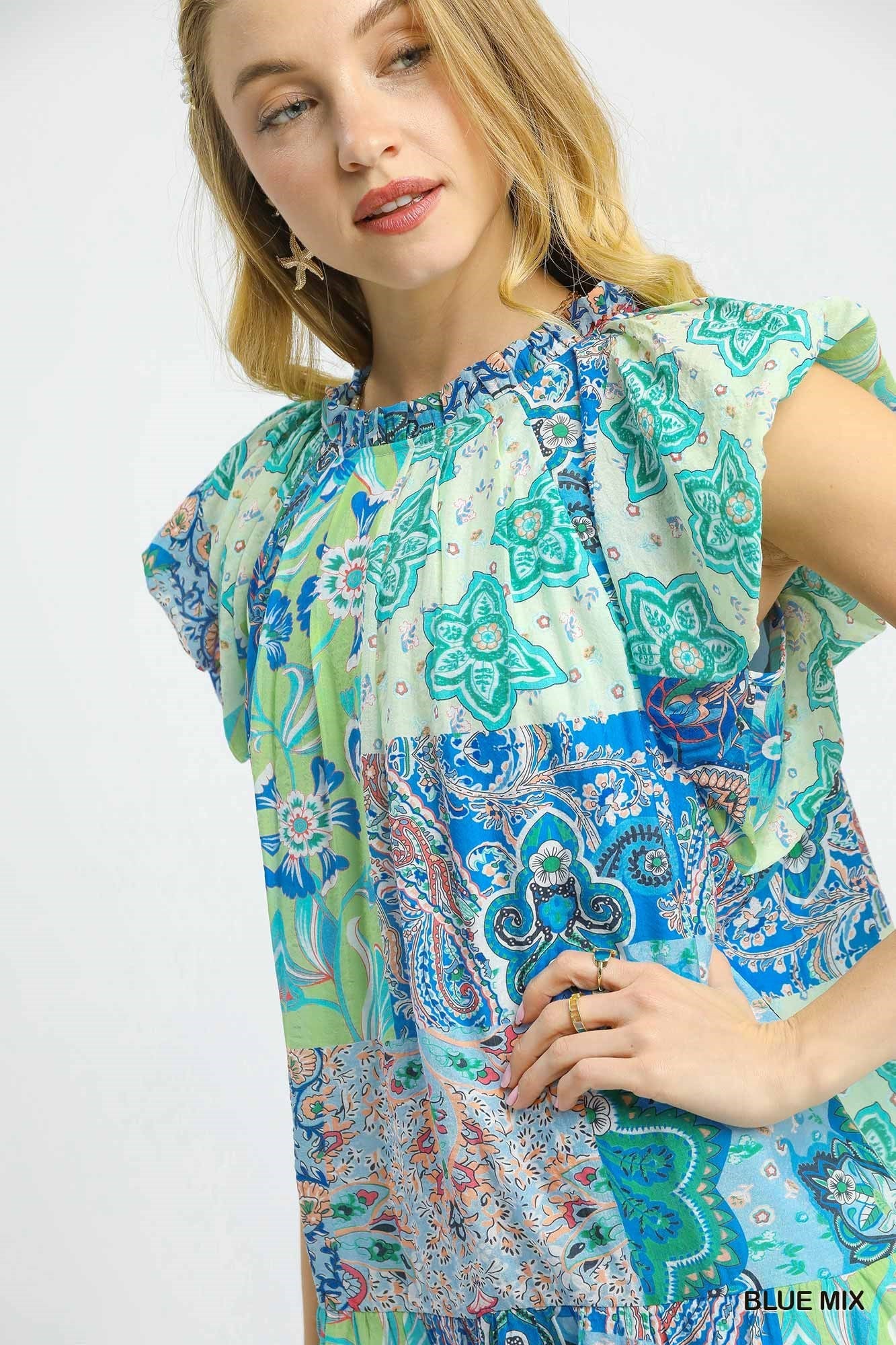 Women's Patchwork Paisley Ruffle Sleeve Mini Dress