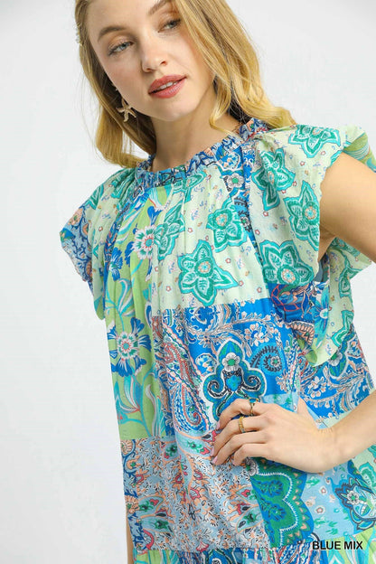 Women's Patchwork Paisley Ruffle Sleeve Mini Dress