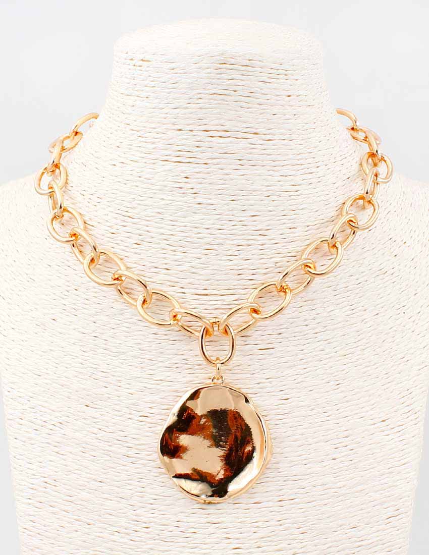 Thick Gold Chain with Hammered Textured Circle 16"-18" Necklace