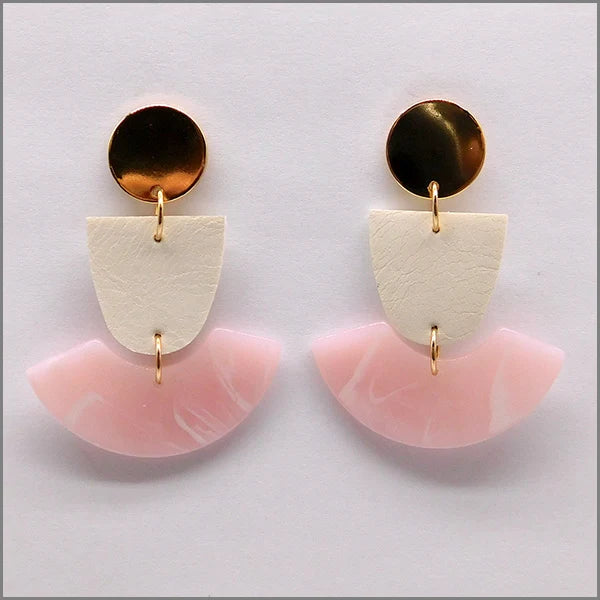 Pink Acrylic, Wood, and Gold Geometric 2" Earring