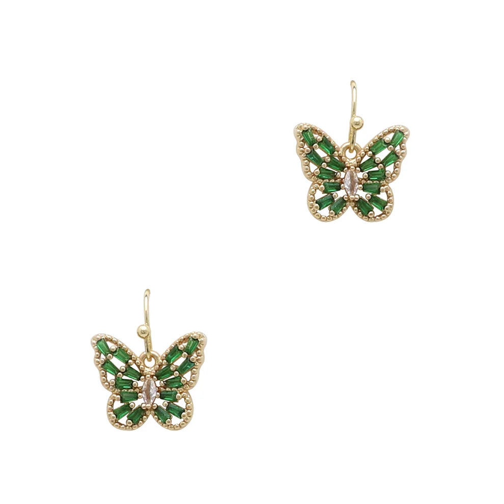 Green Crystal and Gold Butterfly .5" Drop Earring