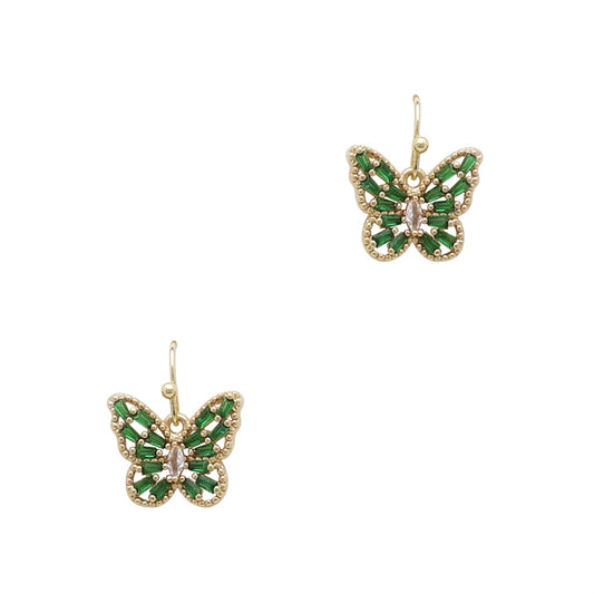Green Crystal and Gold Butterfly .5" Drop Earring