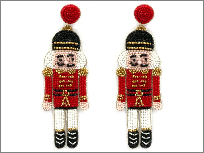 Red and White Seed Bead Nutcracker 4" Earrings