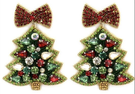 Green, Red, abd Clear Stone Christmas Tree 2.5" Earrings