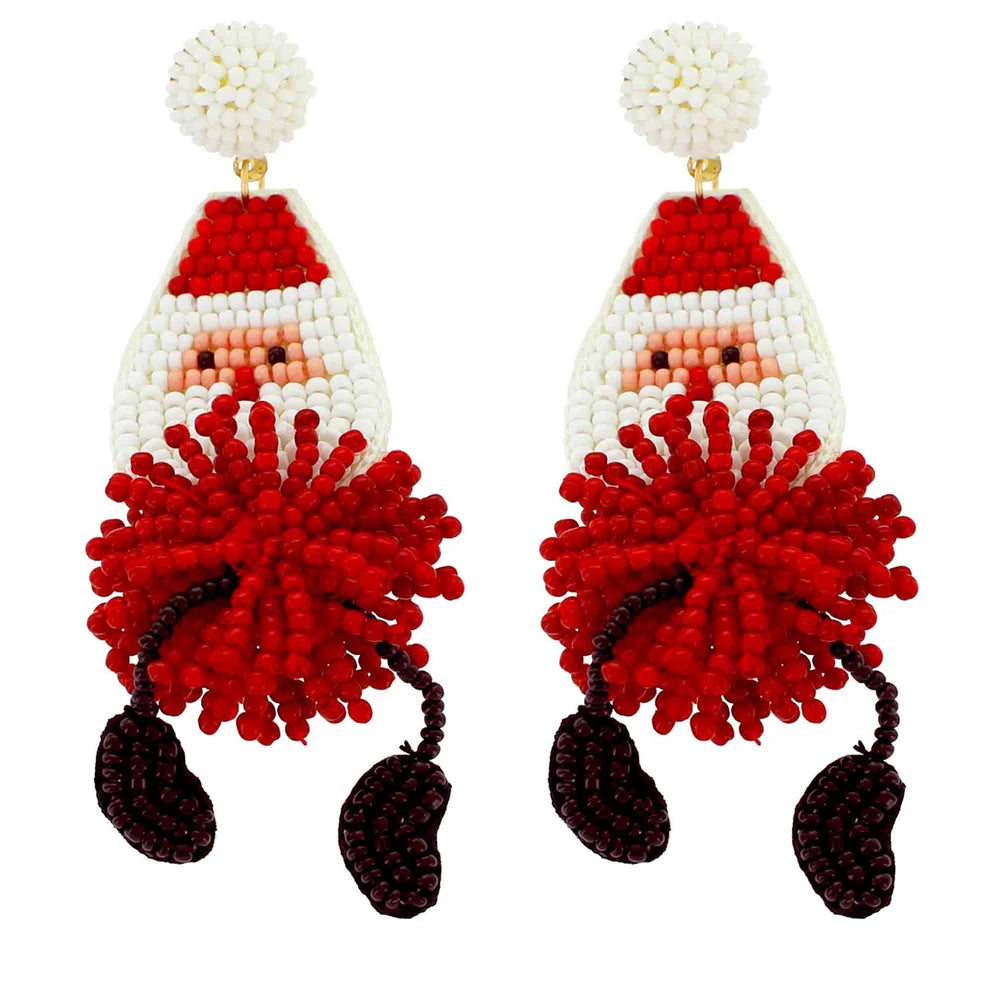 Red and White Seed Bead Santa Clause Pom Pom 2.5" Earring