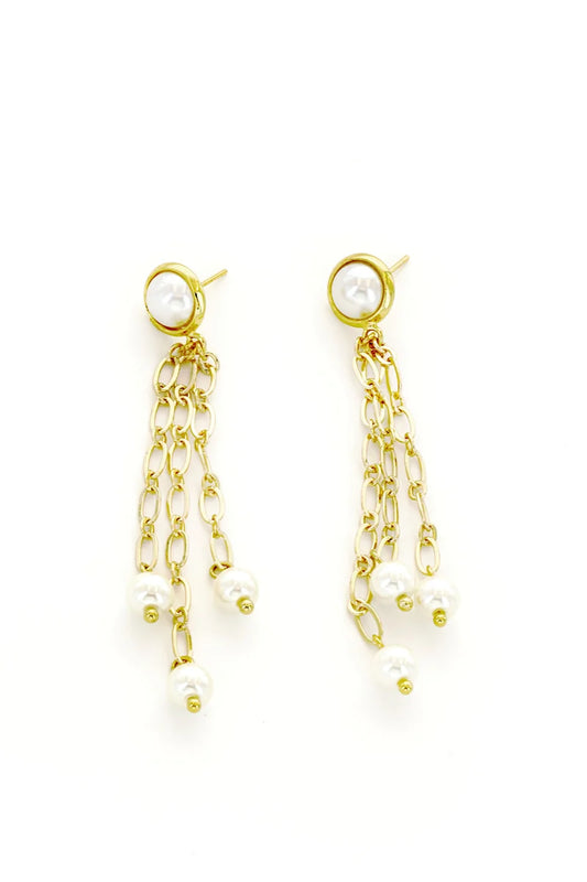 Pearl Stud w/Three Chain Pearl Drop 2.5" Earring