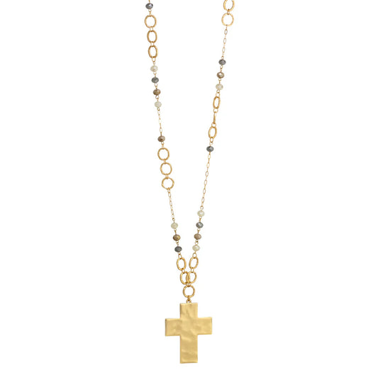 Gold Open Chain with Grey Multi Crystals and Large Gold Cross 32" Necklace