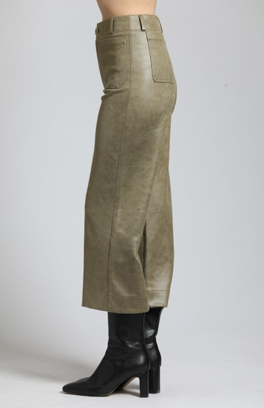 Vegan Leather Wide Leg Pant W/Patch Pockets