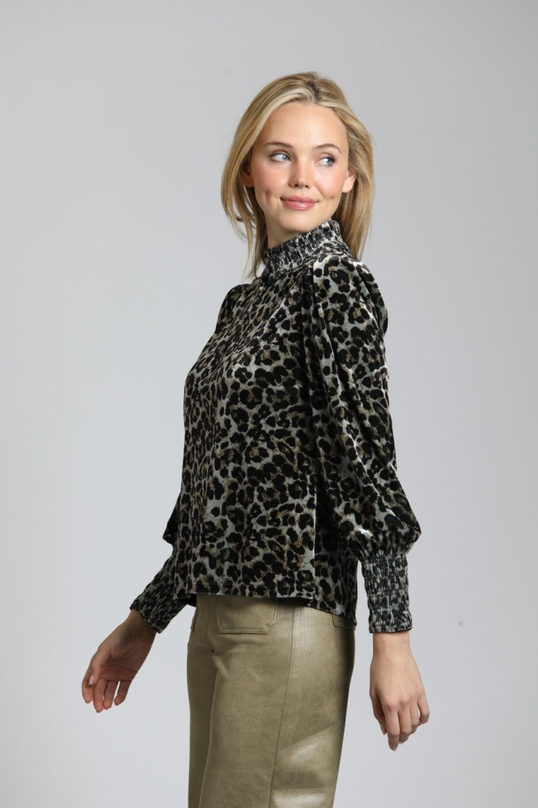 Velvet Leopard Puff Sleeve Top w/Ruched Collar & Cuffs