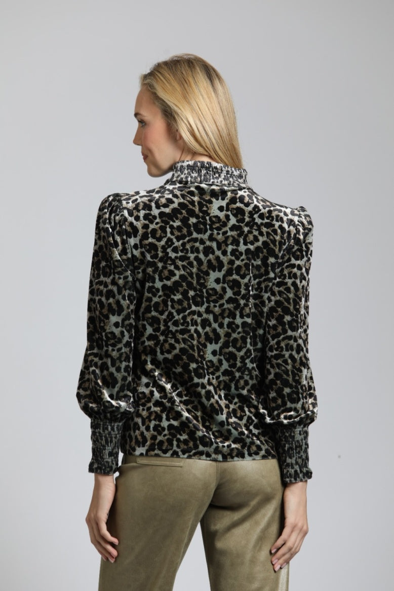 Velvet Leopard Puff Sleeve Top w/Ruched Collar & Cuffs