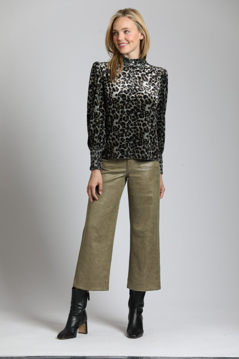 Velvet Leopard Puff Sleeve Top w/Ruched Collar & Cuffs