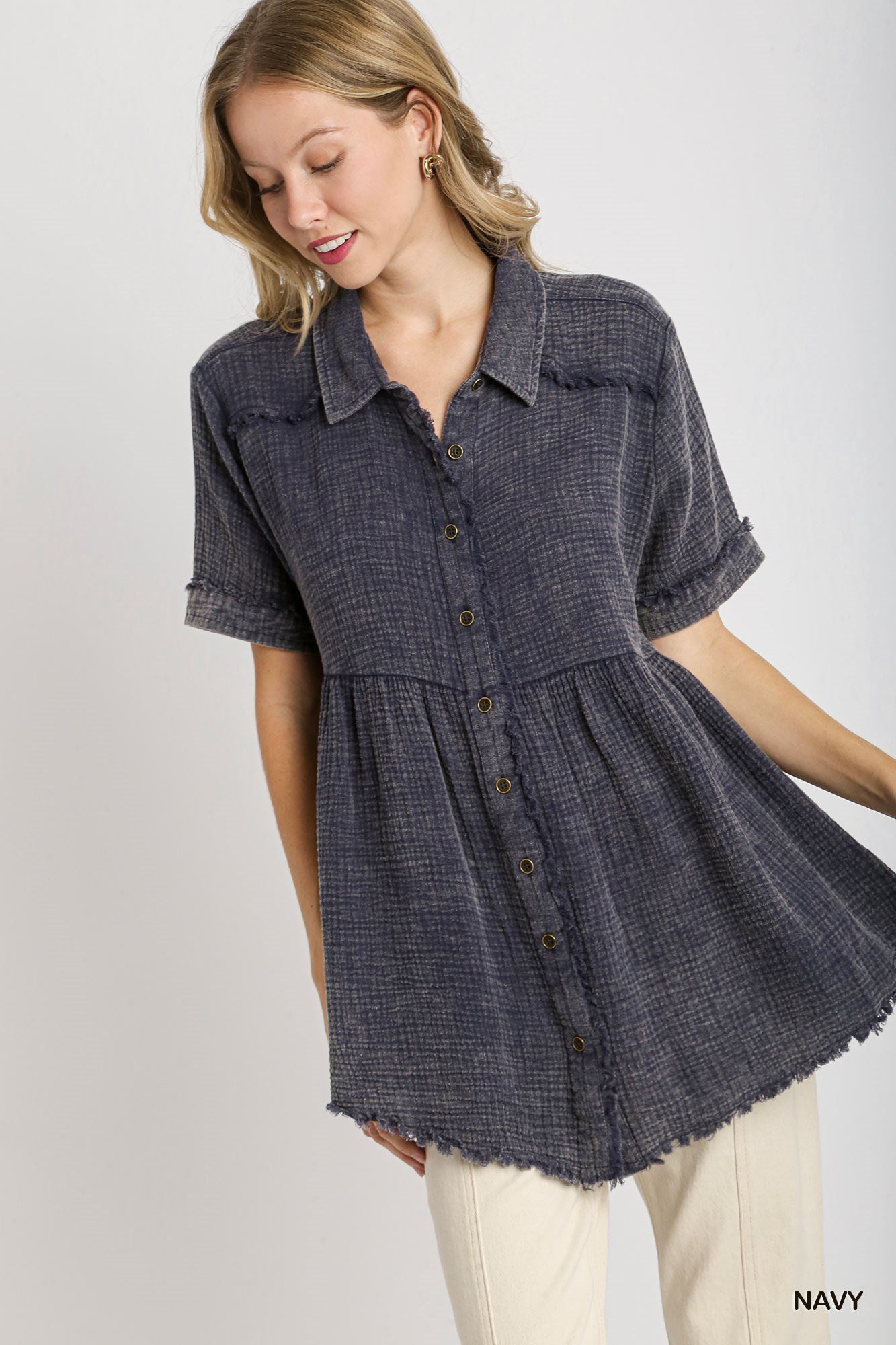 Cotton Gauze Button Front Tunic Top