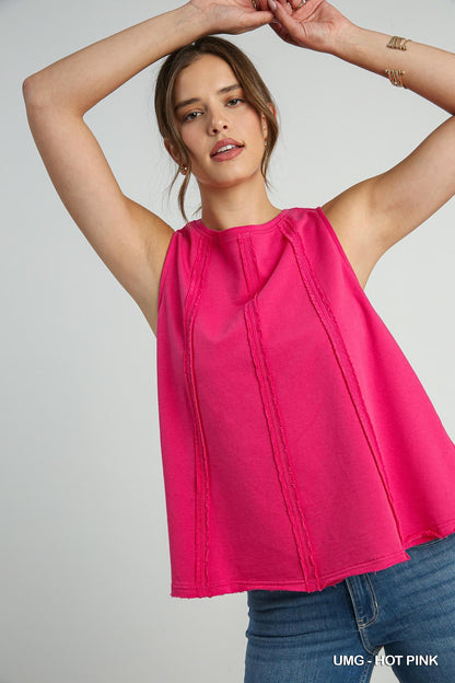 Women's Crew Neck Sleeveless French Terry Top with Vertical Reverse Fray Details