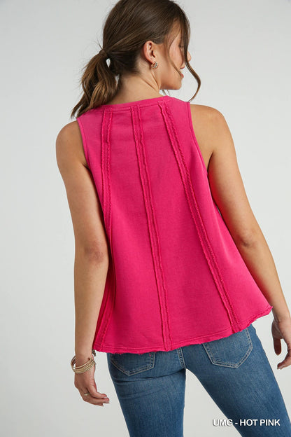 Women's Crew Neck Sleeveless French Terry Top with Vertical Reverse Fray Details