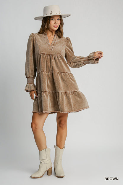 Stone Wash Corduroy V-Neck Tiered Dress w/Smocked Sleeves