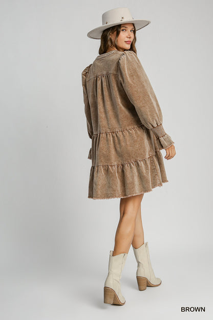 Stone Wash Corduroy V-Neck Tiered Dress w/Smocked Sleeves