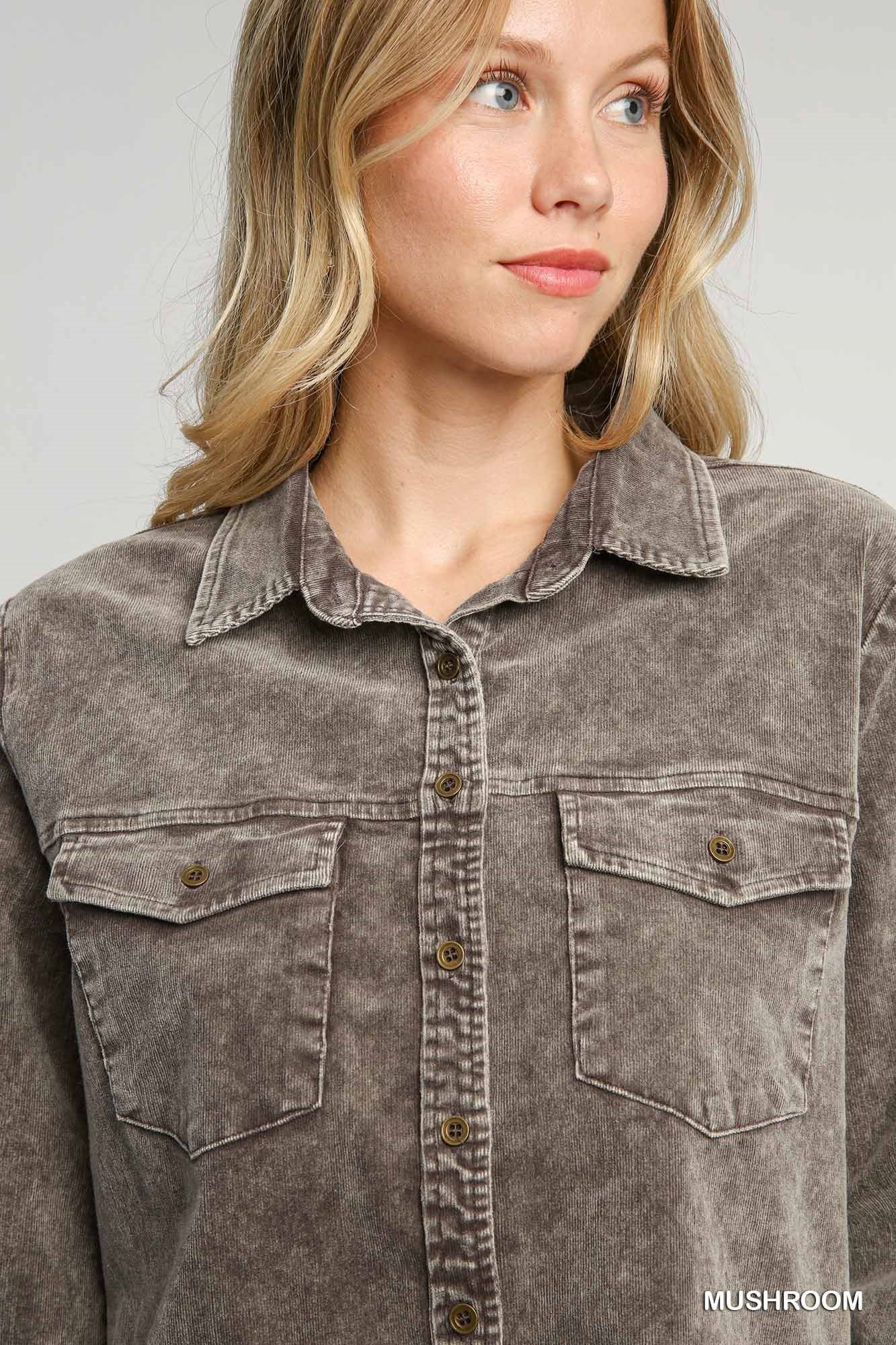 Stone Wash Corduroy Button Down Shirt Top w/Front Pockets