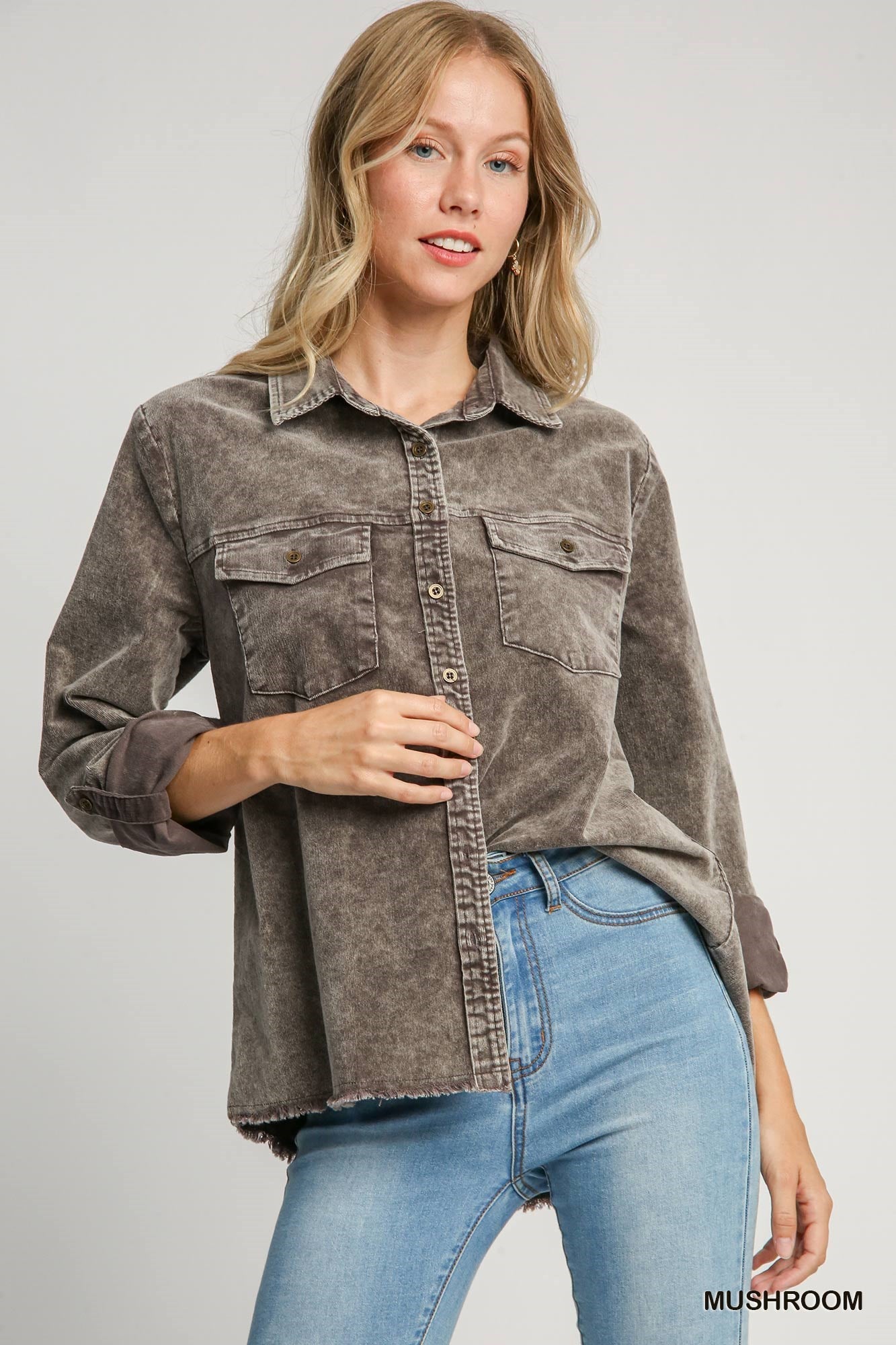 Stone Wash Corduroy Button Down Shirt Top w/Front Pockets