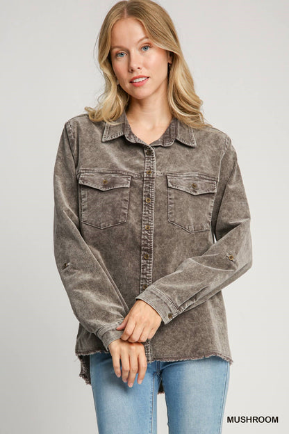 Stone Wash Corduroy Button Down Shirt Top w/Front Pockets