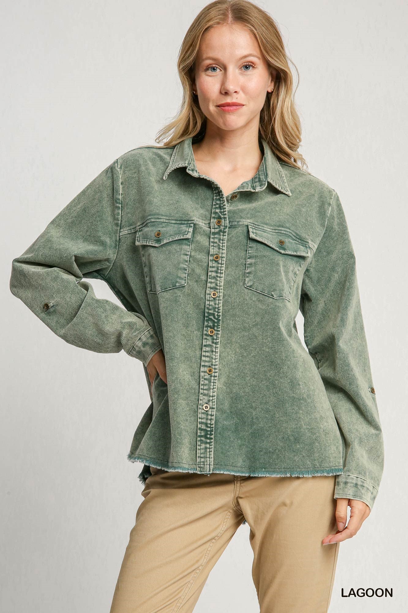 Stone Wash Corduroy Button Down Shirt Top w/Front Pockets