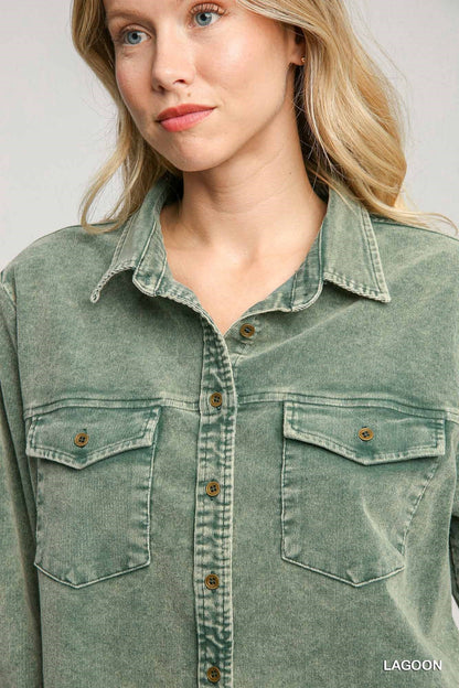 Stone Wash Corduroy Button Down Shirt Top w/Front Pockets