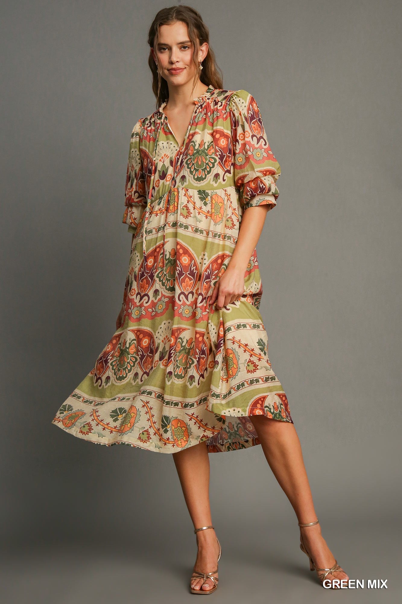 Border Print Tiered Midi Dress w/Front Tie & 3/4 Puff Sleeves