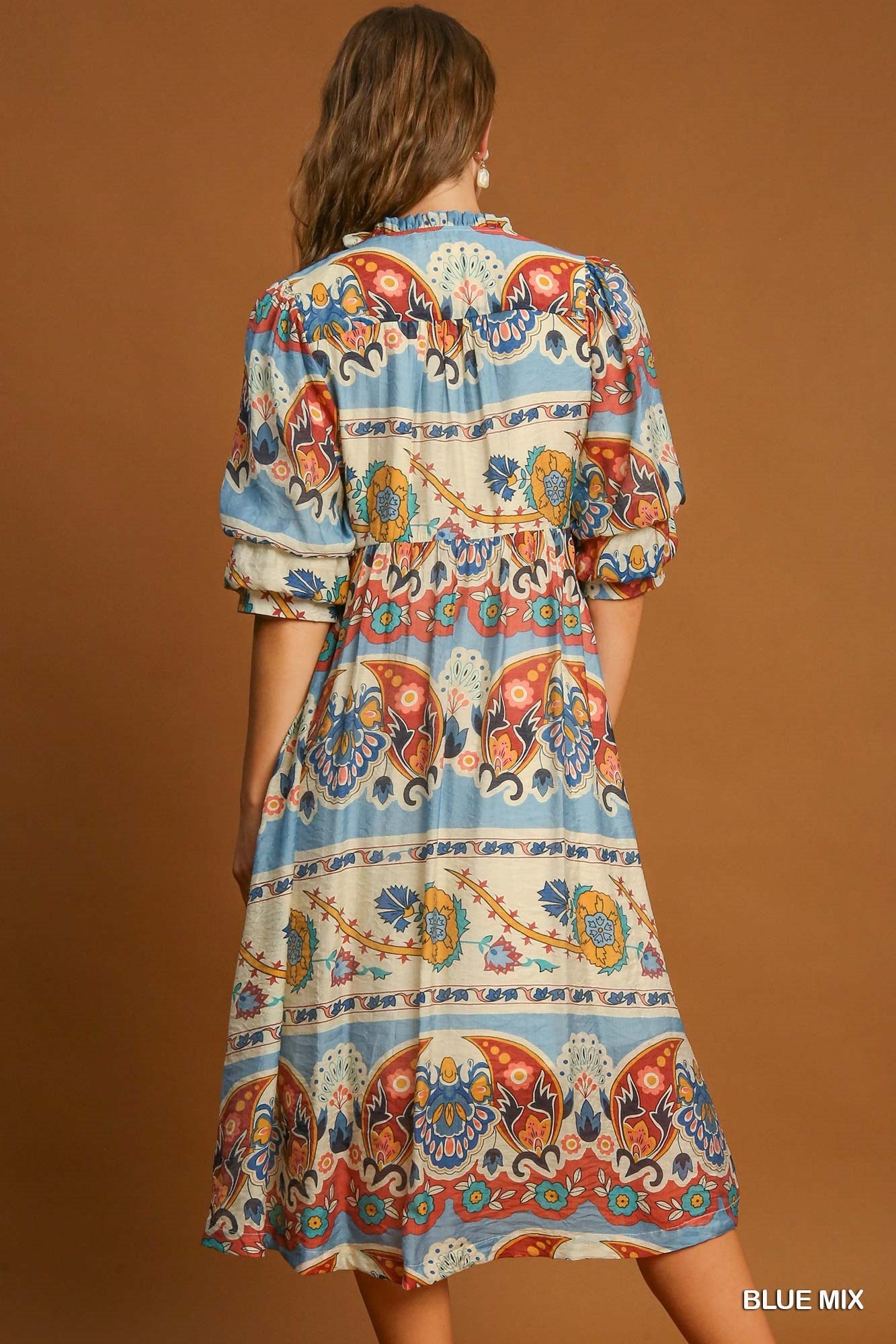 Border Print Tiered Midi Dress w/Front Tie & 3/4 Puff Sleeves