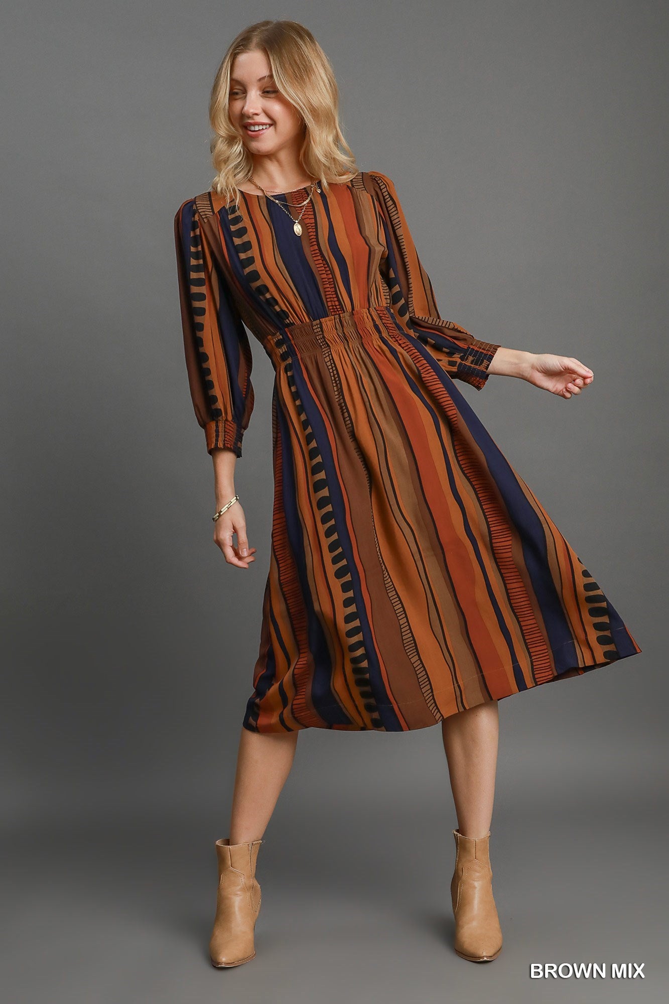 Abstract Print Midi Dress w/Elastic Waist Smocked Band Women's