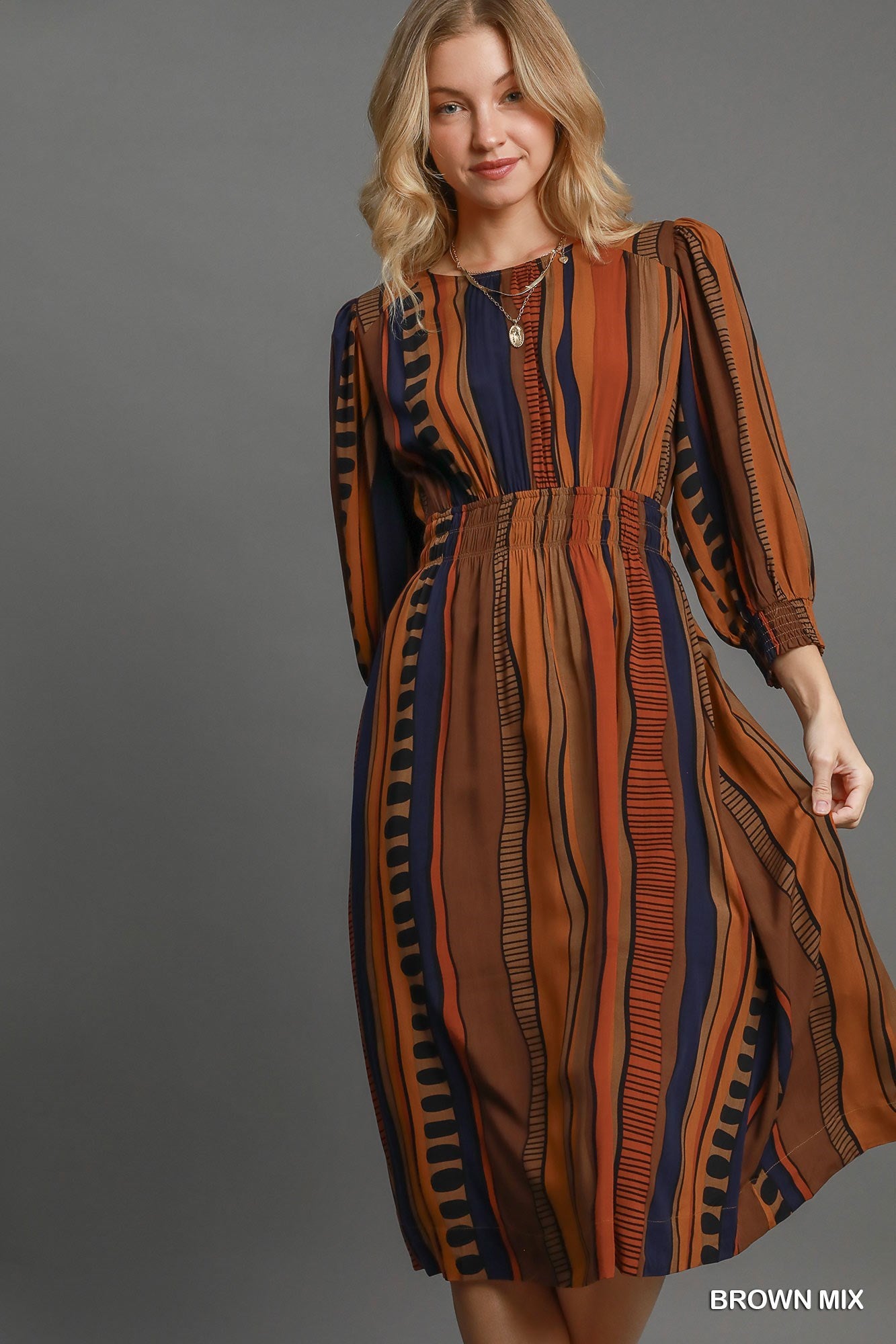 Abstract Print Midi Dress w/Elastic Waist Smocked Band Women's