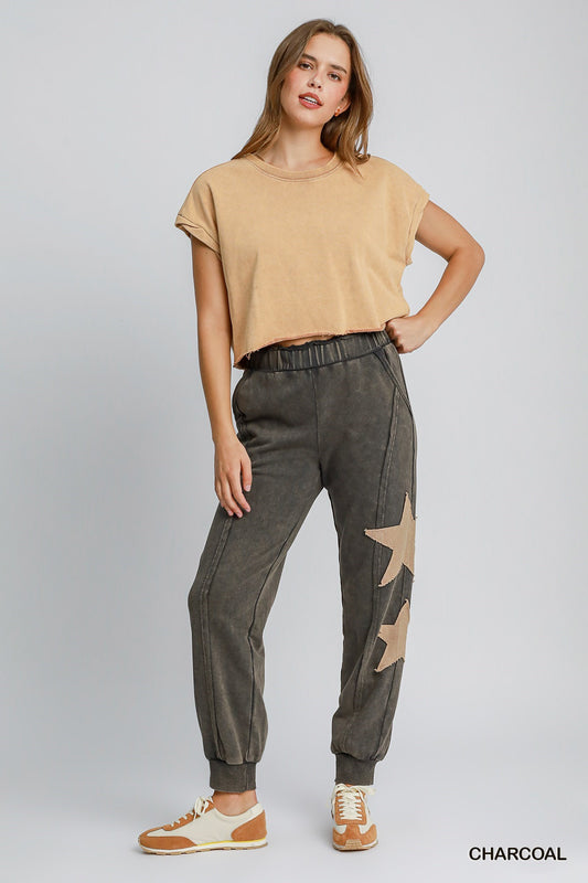 Mineral Washed Women's French Terry Jogger Pants with Strap Patch