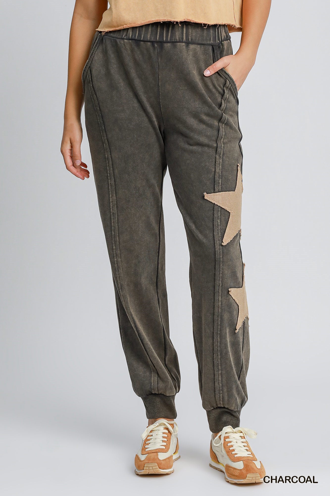 Mineral Washed Women's French Terry Jogger Pants with Strap Patch