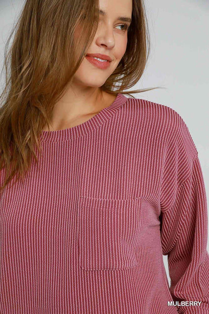 Textured Knit Fabric Round Neck Top w/Front Pocket