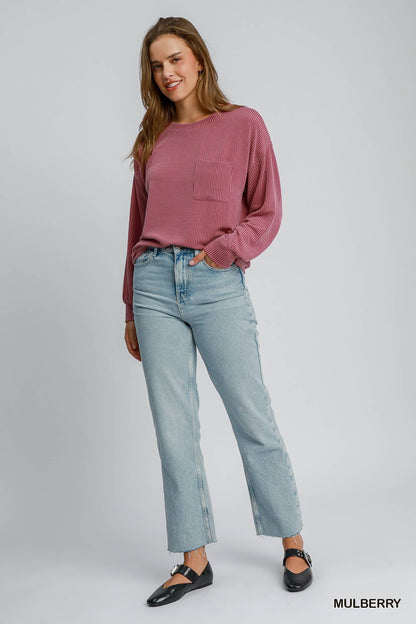 Textured Knit Fabric Round Neck Top w/Front Pocket