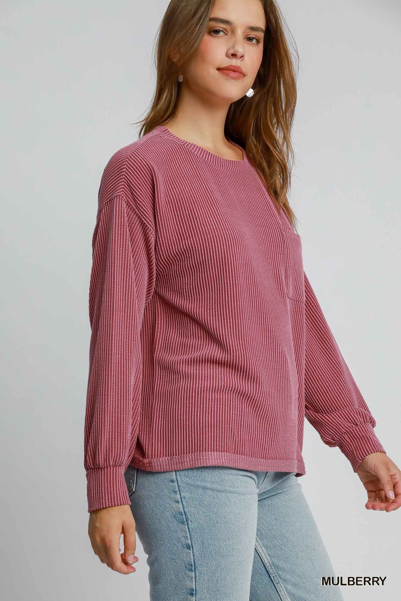 Textured Knit Fabric Round Neck Top w/Front Pocket