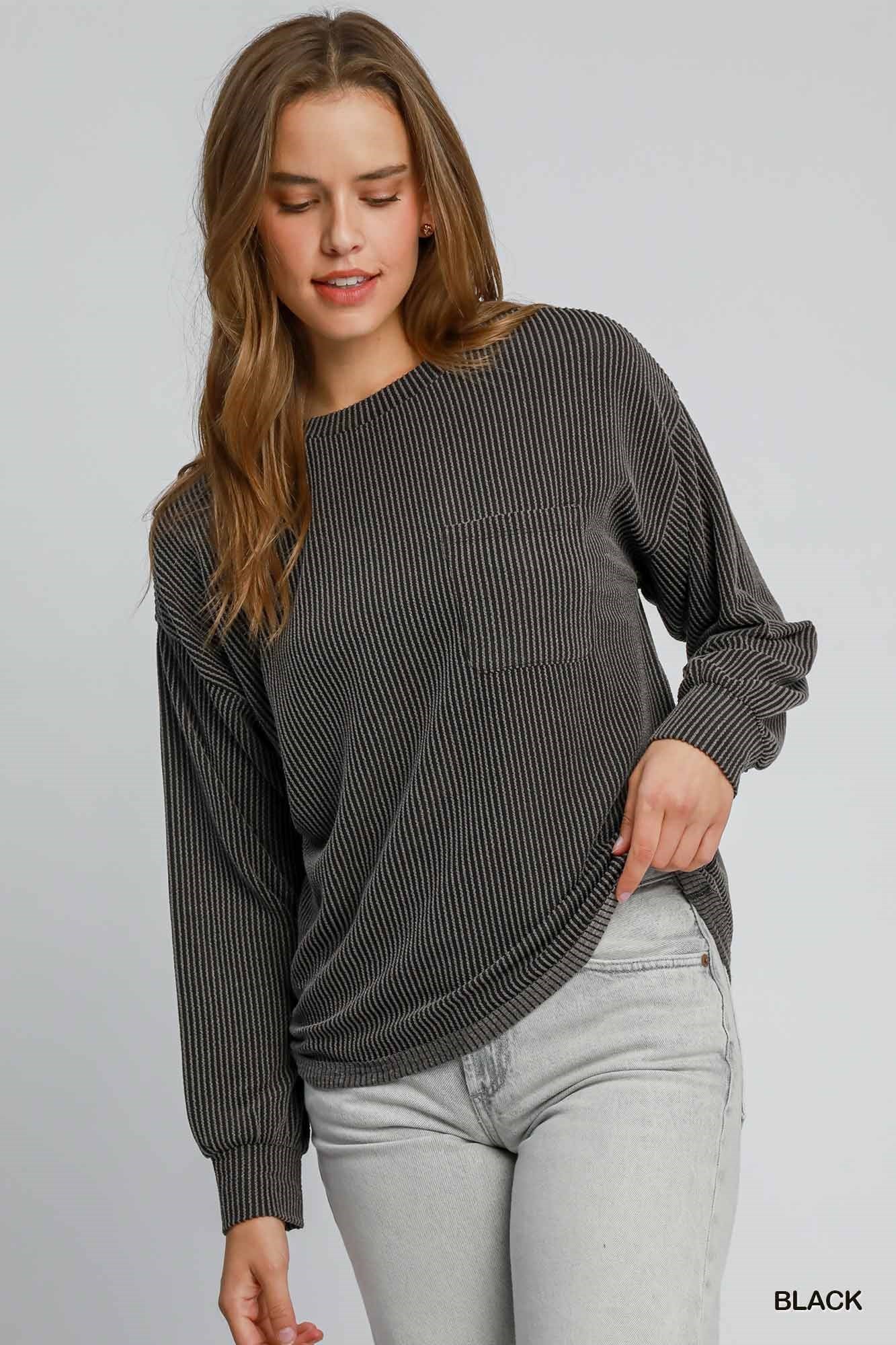 Textured Knit Fabric Round Neck Top w/Front Pocket