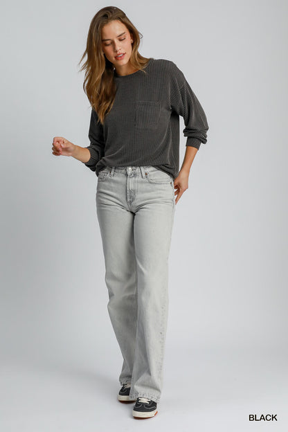 Textured Knit Fabric Round Neck Top w/Front Pocket