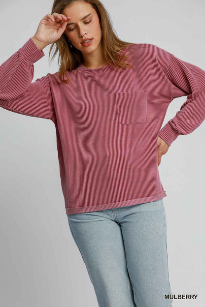 Textured Knit Fabric Round Neck Top w/Front Pocket